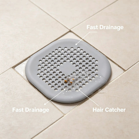 ACDANC 2 Pack Drain Cover Hair Catcher Pad, Silicone Tube Trap positioned in shower drain, showcasing fast drainage and hair-catching design.