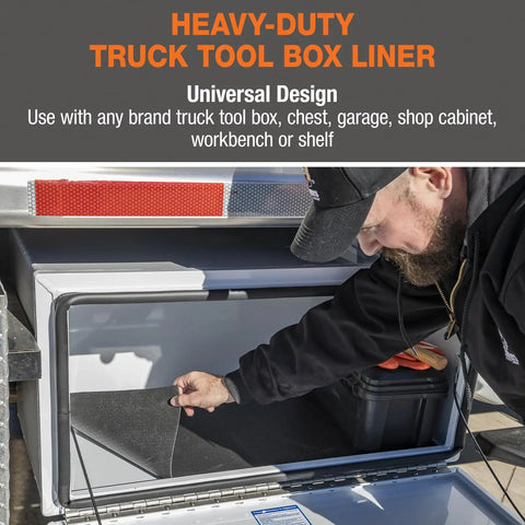 Man installing Universal Heavy-Duty Tool Box And Shelf Liner Non-Slip PVC Mat in a truck tool box.