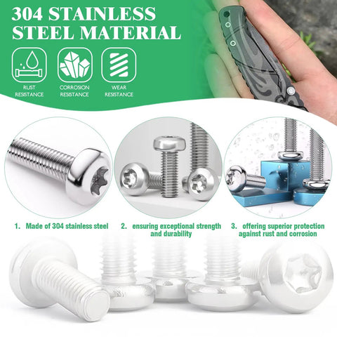121 Piece 304 Stainless Steel Pocket Blade Knife Handle Screws Assortment Set Including M2 And M2.5 Machine Screws EDC Folding Hilt Fasteners Knifemakers Rivets For DIY Repair Torx Driver Included, showing screws and corrosion-resistant features