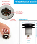 Heavy Duty Foot Operated Tub Stopper With Brushed Nickel Cap, showing dimensions and fitting details for standard bathtub drains.
