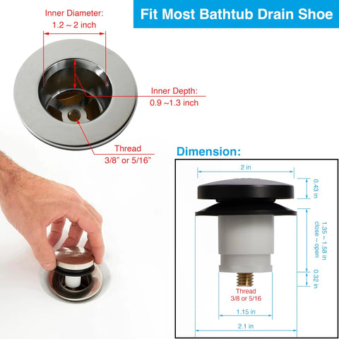 Heavy Duty Foot Operated Tub Stopper With Brushed Nickel Cap, showing dimensions and fitting details for standard bathtub drains.