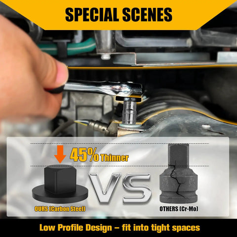 Tough As Nails Low Profile Impact Socket Adapter Set showing low profile design in tight spaces compared to standard tools.