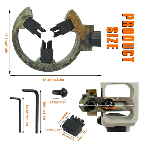 Whisker Biscuit Arrow Rest For Compound And Recurve Bows, Capture Brush Design, Small size camo finish with dimensions visible