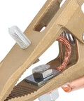 Heavy Duty 500 Amp Brass A Shape Welding Ground Clamp With Mighty Grip For Mig Mma Tig Arc Jobs close-up view of the brass jaws.