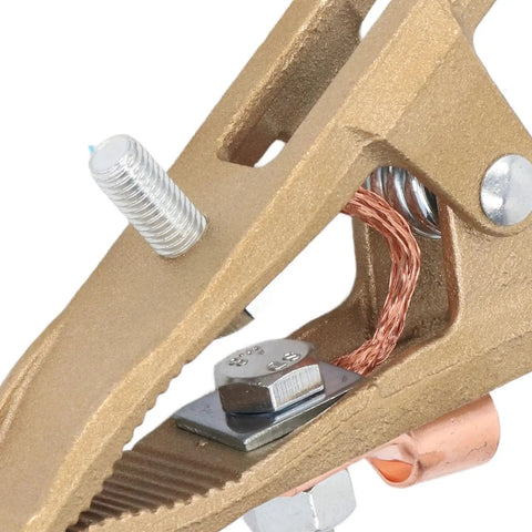 Heavy Duty 500 Amp Brass A Shape Welding Ground Clamp With Mighty Grip For Mig Mma Tig Arc Jobs close-up view of the brass jaws.