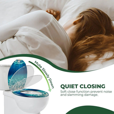 Elongated Toilet Seat Resin for Bathroom with soft close feature, shown above a toilet with a serene water design.