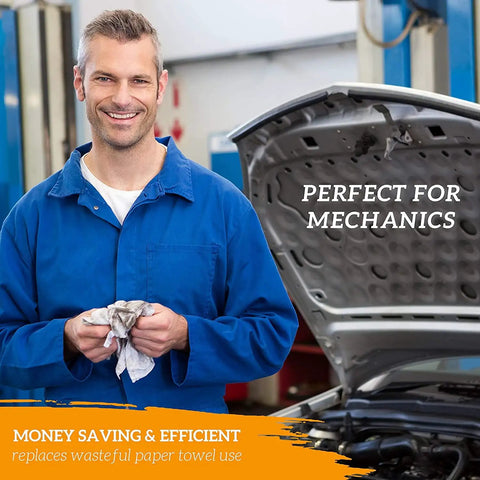 Mechanic using Heavy Duty Cotton Shop Towels 12x14 Inches 50 Pack Bulk Rags For Garage Automotive Industrial And Home Cleaning