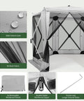 Close-up of six sided pop up gazebo tent with mesh windows and removable wind panels, featuring double-sided reinforced zipper.