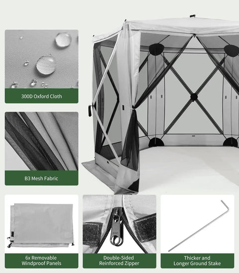Close-up of six sided pop up gazebo tent with mesh windows and removable wind panels, featuring double-sided reinforced zipper.
