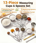 13 Piece Stainless Steel Measuring Cups And Spoons Set With Funnel For Baking And Cooking displayed with dry ingredients