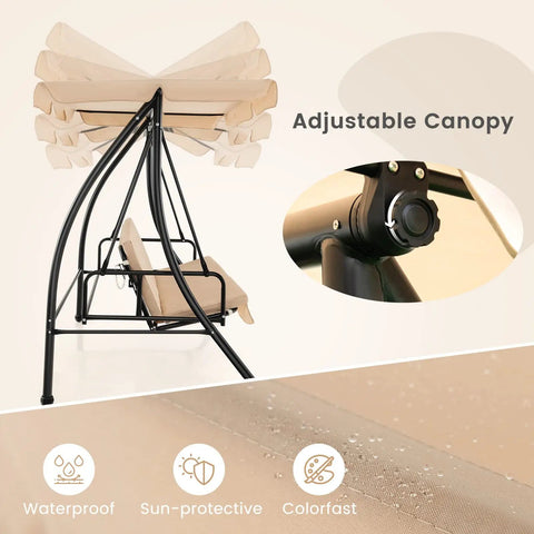 2 In 1 Convertible Porch Swing Bed With Adjustable Canopy And Removable Cushions Solid Metal Frame showcasing canopy adjustment