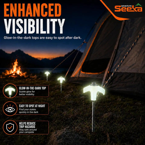 Glowing 15 Pack 8 Inch Heavy Duty Screw In Tent Stakes Drill In Ground Anchor Pegs illuminating campsite at night near tent.