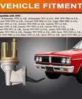 Drop In M6737 Mechanical Fuel Pump Replacement For Jeep And AMC Classics shown with compatible vehicles list and red car image