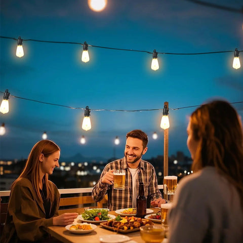 Friends enjoying a meal under 100Ft Solar String Lights Outdoor Waterproof With Remote Dimmer Lit Backyard Vibes 32 Vintage Edison Bulbs