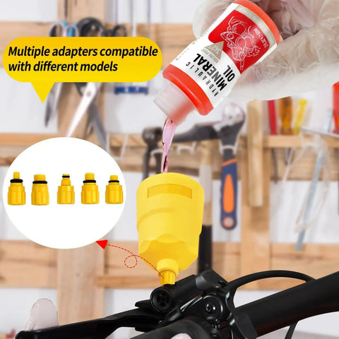 All In One Pro Grade Hydraulic Brake Bleed Kit With 180ml Mineral Oil, 60ml Each Fluid, For Shimano Tektro TRP Disc Brakes, adapters in use