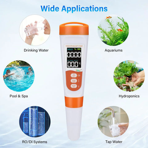5 In 1 Digital Pool Water Tester with pH and Salinity Meter for aquariums, hydroponics, pool and spa with digital display