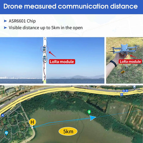 Drone displays range test for DX-LR01 SMD LoRa UART Serial Transceiver Module 868 or 915 MHz With AT Command 22 dBm Output 5 Km