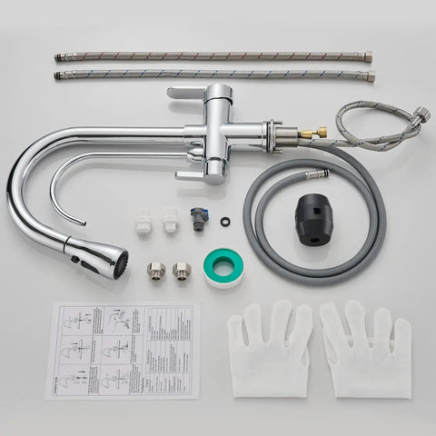 3 In 1 Kitchen Faucet With Hot Cold And RO Drinking Water No Brainer Two Handle Pull Down Chrome Faucet installation kit