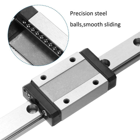 Beefy 300mm MGN9C Miniature Linear Guide Rail with Single Stainless Steel Carriage Block showing precision steel balls for smooth sliding.