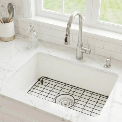 Black Stainless Steel Sink Grid For Kitchen Sinks 24 15/16 By 13 1/8 Inch Pro Grade Bottom Protector in white sink, top view