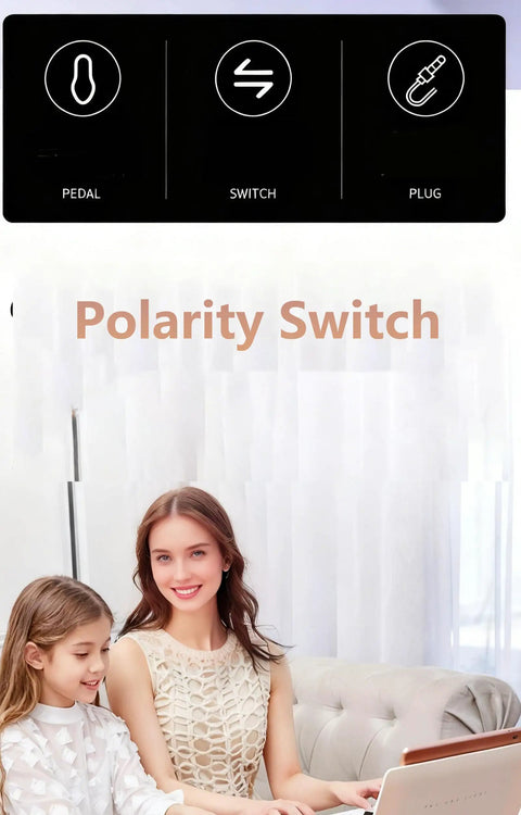 Universal Sustain Pedal for Keyboard With Polarity Switch Red Piano Pedal for MIDI Controllers graphic showing features