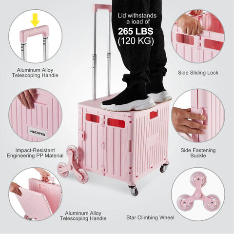 Foldable Utility Cart With Stair Climbing Wheels Telescoping Handle And Collapsible Rolling Trolley Pink For Grocery Shopping