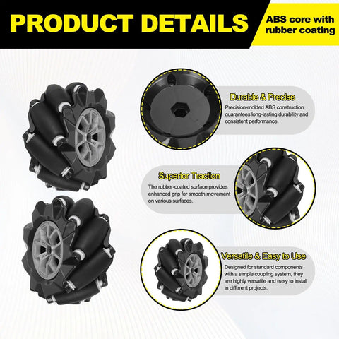 2Pack Mecanum Wheels Set For Smart Robot Cars, 97mm Omnidirectional Wheels With 3.82mm ABS Rubber Left Drive details
