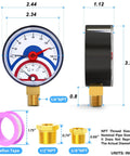 Side and front view of Thermal Pressure Gauge 0-160 Psi With 30-250 F Range, 1/4 NPT Lower Mount, 2.5 Inch Dial with brass connection