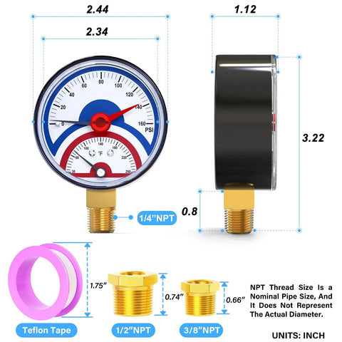 Side and front view of Thermal Pressure Gauge 0-160 Psi With 30-250 F Range, 1/4 NPT Lower Mount, 2.5 Inch Dial with brass connection