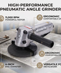 Heavy Duty Pneumatic Angle Grinder With Kickin Power And An Ergonomic Design For Swift Metal Cutting And Steady Performance On Demanding Job Sites Daily on a metal surface, showcasing 4-inch disc and ergonomic handle.