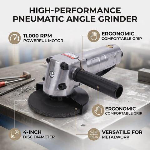 Battle Tested 4 Inch Pneumatic Angle Grinder Spits Out 11000 Rpm Of Blazing Air Power For Quick Cut Work On Any Job Site Ergonomic Comfort Grip Takes The Hurt Off Your Wrists During Long Wrenching Shifts.