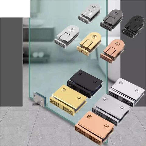 Heavy Duty Frameless Glass Shower Door Hinges in multiple finishes for modern bathroom renovations with smooth installation.