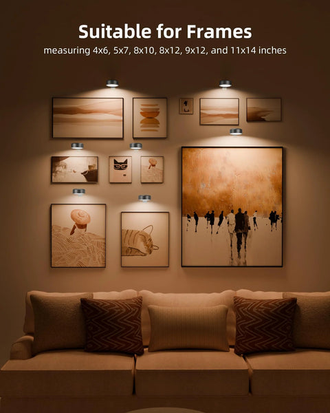 EZVALO three-pack round magnetic LED picture lights for wall art frames; rechargeable 2000mAh with three color temps.