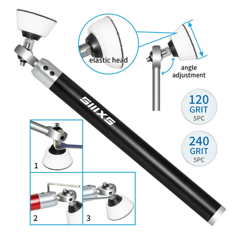 SIIIXS carbide-tipped wood lathe tool set with bowl sander, 8 carbide inserts, black aluminum handle and adjustable head.