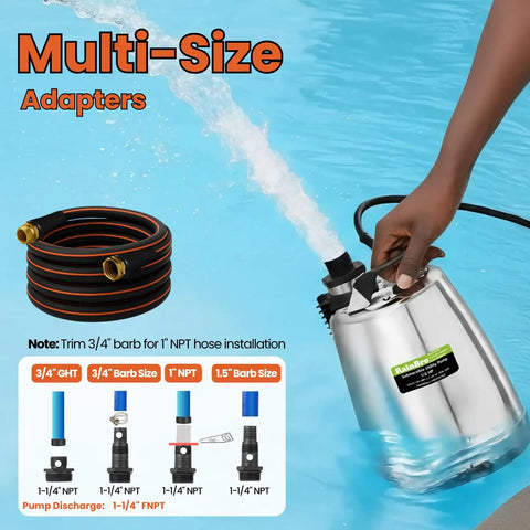 Person holding Beast Mode Submersible Sump Pump With One Half HP Motor Delivers Up To 2300 GPH For Quick Pool Drains And Flood Cleanup