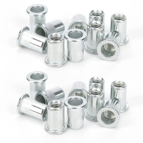 20 Pieces Aluminum Alloy Rivet Nut Kit Set M6 X 10 Rivet Nuts Fasteners silver finish on white background