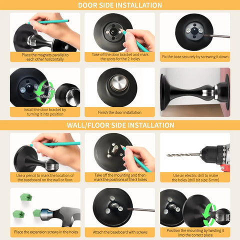 Installation guide for Heavy Hitter Magnetic Door Stops 2 Pack; steps for door and wall mounting.
