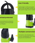 Workhorse Submersible Utility Pump 1/2 Horsepower, 2300 GPH, 24 Foot Lift, shown with handle and connection details.