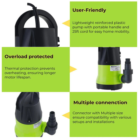 Workhorse Submersible Utility Pump 1/2 Horsepower, 2300 GPH, 24 Foot Lift, shown with handle and connection details.