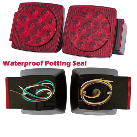 LED Trailer Light Kit 12V Submersible Tail Marker Lights with Wiring Harness showing front and back view, DOT Certified.
