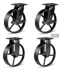 Heavy Duty Industrial Caster Wheels Set Of 4 8 Inch Rigid And Brake Cast Iron Steel Hubs For Workbenches and Equipment.