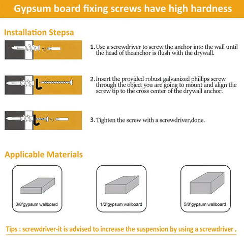 Instructions for installing Self Drilling Drywall Anchors and Screws Kit on gypsum board with applicable thicknesses.