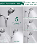 All In One Shower Faucet Set With Tub Spout And Chrome Trim Kit Pressure Balanced Valve Dual Function 5 Spray Touch Clean Handheld Shower Head Polished Chrome Finish showing five spray settings and water flow.