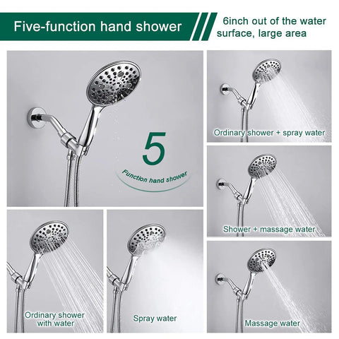 All In One Shower Faucet Set With Tub Spout And Chrome Trim Kit Pressure Balanced Valve Dual Function 5 Spray Touch Clean Handheld Shower Head Polished Chrome Finish showing five spray settings and water flow.
