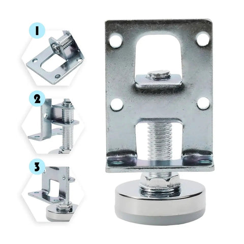 Adjustable Furniture Feet Set 4 Pack, Beefy Heavy Duty Leveling Feet for cabinets, tables, and workbenches, close-up view.