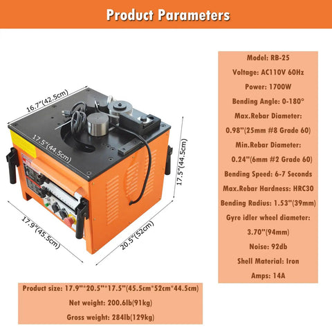 Heavy Duty Electric Rebar Bender Machine 1700W Workhorse, 17.9"x20.5"x17.5", designed for precise steel rod bending.