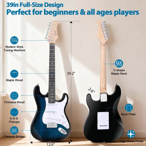 Front and back view of blue 39 Inch Full Size Electric Guitar Starter Pack With Amp Nylon Carrying Case and Accessory Kit for beginners