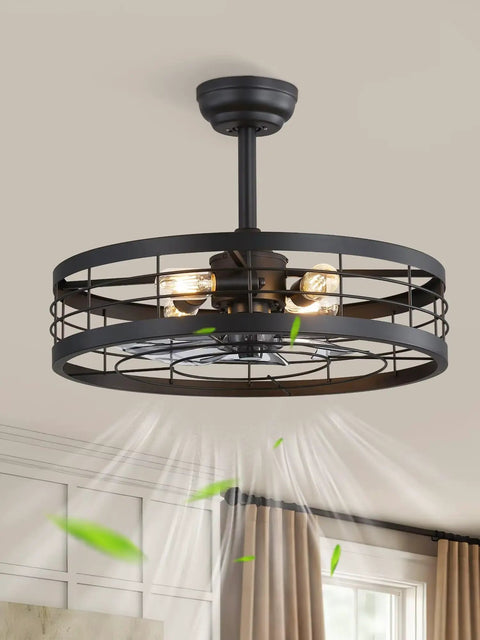 Dope Industrial Caged Ceiling Fan With Light And Remote 22 Inch Black Farmhouse Fixture for kitchen, bedroom, or outdoor use