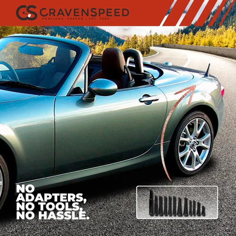 Stubby Antenna For Mazda Miata 2006-2026, 3.8 Inch Short Antenna Replacement installed on convertible, CravenSpeed branding visible