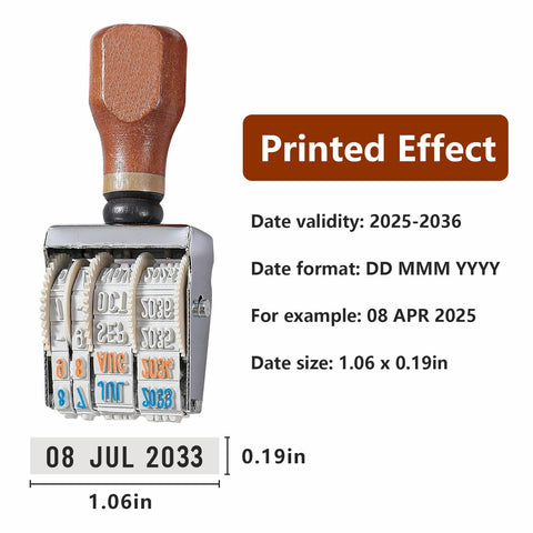 Dope Self Inking Roller Date Stamp Featuring Adjustable Day Month And Year Settings From 2025 To 2036 with printed effect and size details.